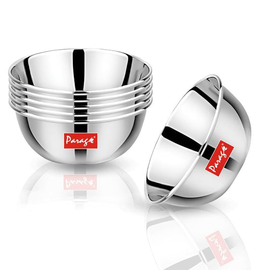 Parage 6 Pieces Stainless Steel Big Size Bowl/Wati/Katori Heavy Gauge with Mirror Finish, 10.2 cm Dia, Set of 6, 220 ml Each, Silver