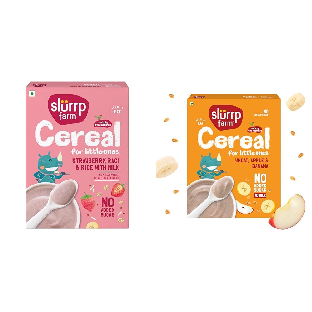 Slurrp Farm Cereal, Ragi, Rice and Strawberry with Milk, Instant Healthy Food, NO Added Sugar, Mildl + Slurrp Farm No Added Sugar Instant Wheat Apple & Banana Cereal | No Milk No Preservatives | 300g