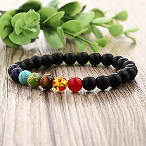 Shining Diva Fashion Spiritual 8mm Lava Rock Beads with 7 Chakra Evil Eye Stylish Unisex Bracelet