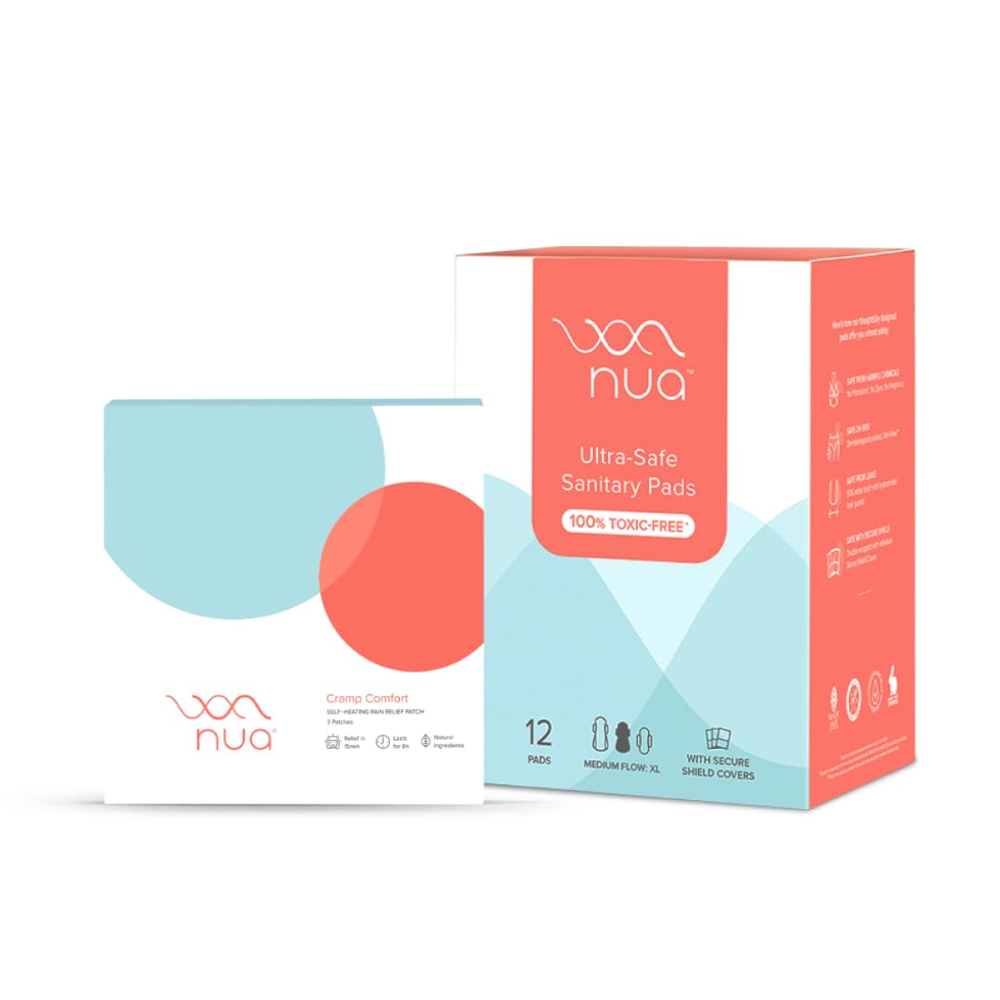 Nua Ultra Thin Rash Free Leak Proof 12 L Sanitary Pad & Cramp ComFort (3 Heat Patches) Combo | Higher Absorbency | Soft Top layer | Toxic-Free | 8 Hours Pain Relief