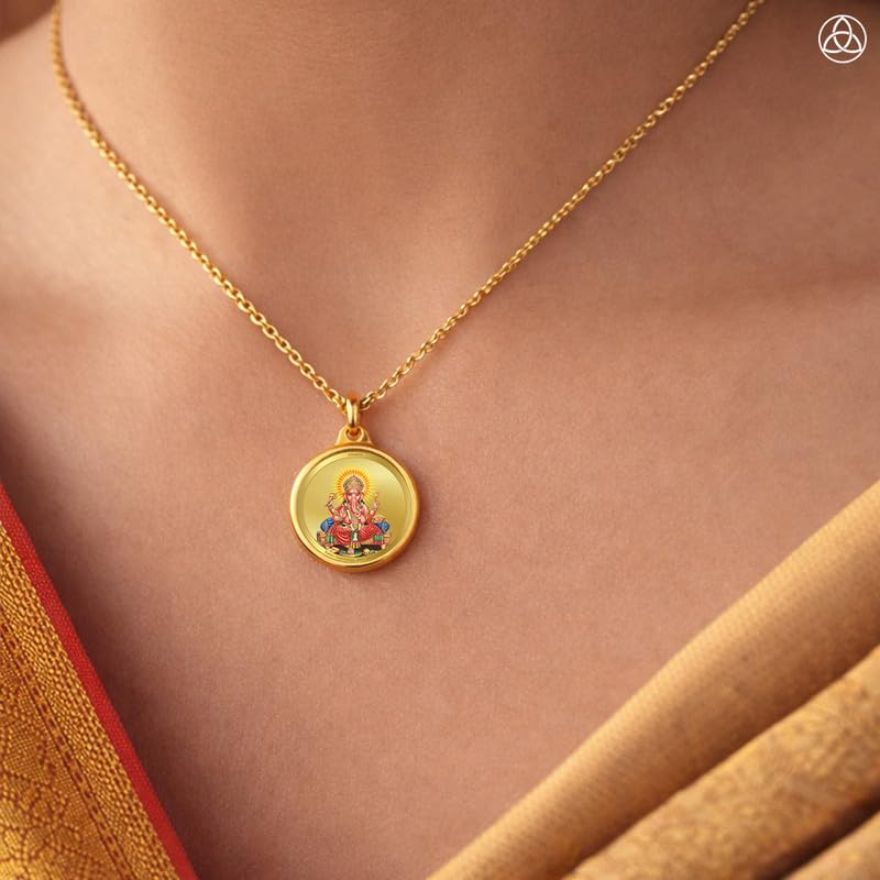 DIVINITI 24K Gold Plated Lord Ganesha & Yantra Double-Sided Pendant with Premium Gift Box, 22 mm Hindu Religious Locket, Luxury Spiritual Jewellery Gift for Men & Women