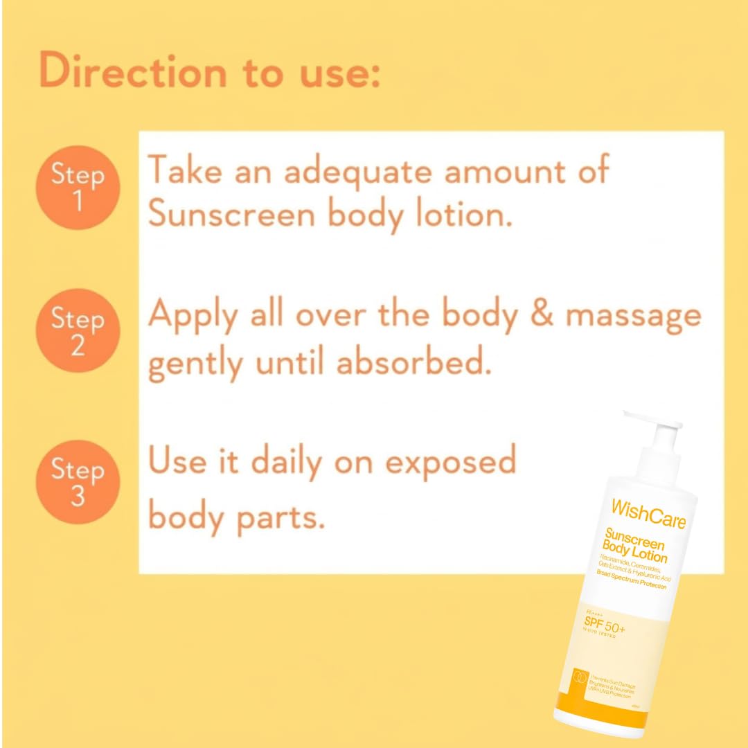 WishCare Sunscreen Body Lotion with SPF 50 PA++++ In- Vivo Tested | Body Sunscreen With Broad Spectrum UVA & UVB Protection, No White Cast | With Carrot Seed & Raspberry | For All Skin Types | For Women & Men | 450ml