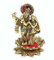 KridayKraft Gold Plated Radha Krishna Idol Standing on Lotus Flower – Flute-Playing Divine Couple Showpiece for Home Decor, Pooja Room, and Gifting