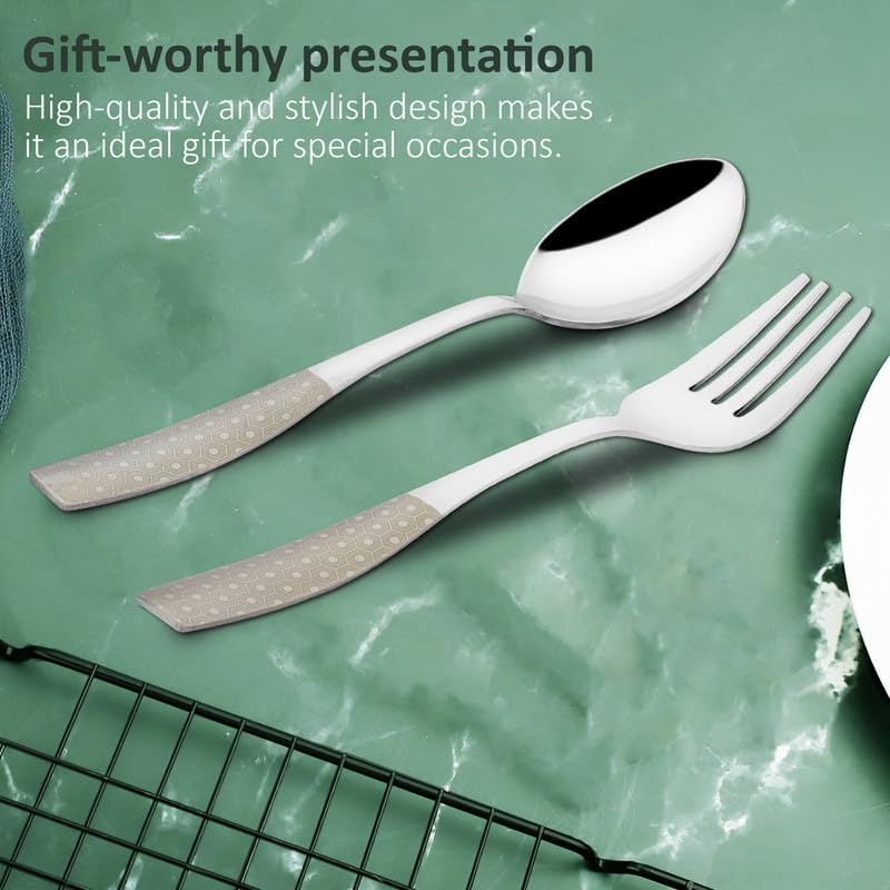 Parage 12 Pieces Stainless Steel Premium Cutlery Set for Home & Kitchen, Luxury Dining Tableware Small Spoon & Fork Gift, Laser Chammach Set, Silver Dazzle Design (6 Dinner Spoons & 6 Dinner Forks)