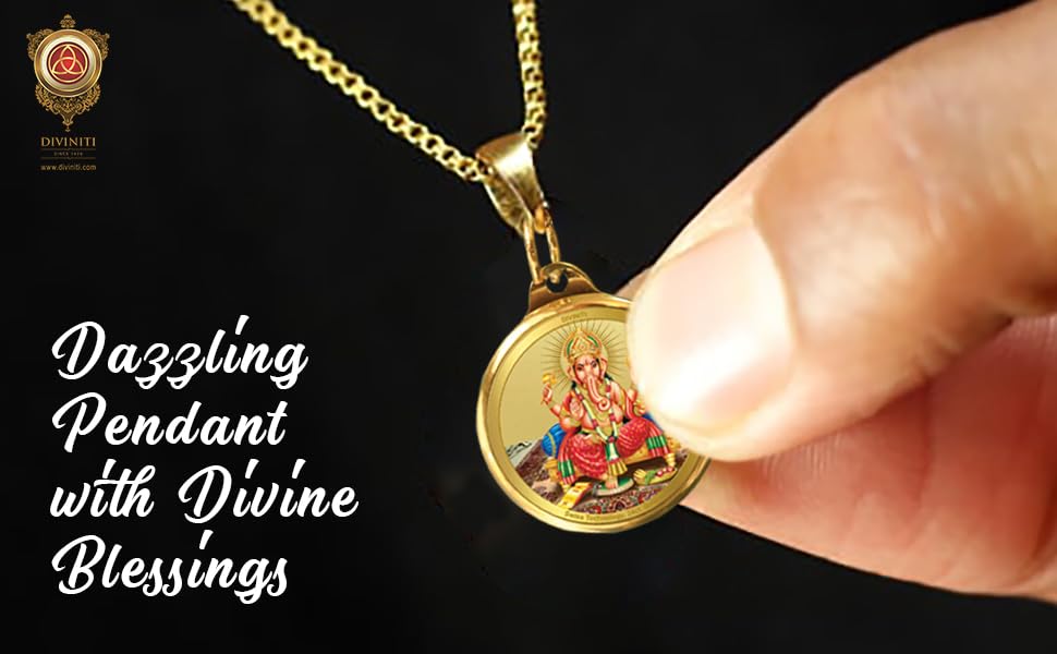 DIVINITI 24K Gold Plated Lord Ganesha & Yantra Double-Sided Pendant with Premium Gift Box, 28 mm Hindu Religious Locket, Luxury Spiritual Jewellery Gift for Men & Women