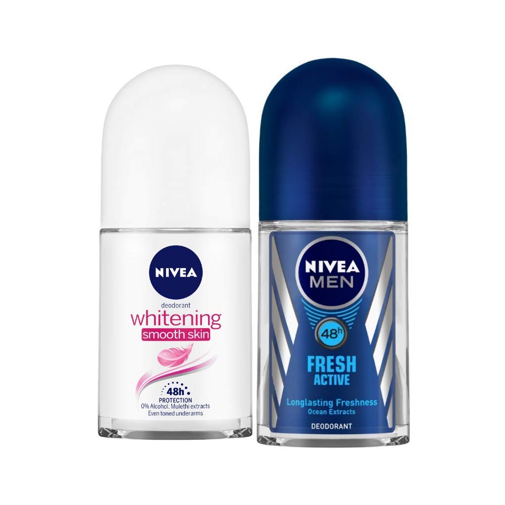 Nivea Deodorant Roll-On For Women, Whitening Smooth Skin, 50ml & Deodorant Roll-On For Men, Fresh Active Original, 50ml