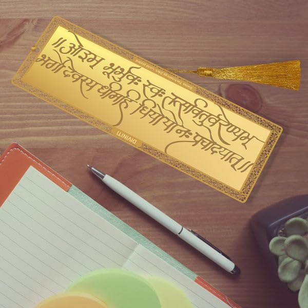 Diviniti 24K Gold Plated Gayatri Mantra Bookmark with Tassel String | Premium Religious Book Marker | Hindu Spiritual Gift for Prayer, Bhagavad Gita & Devotional Reading | Size 10 x 4 cm