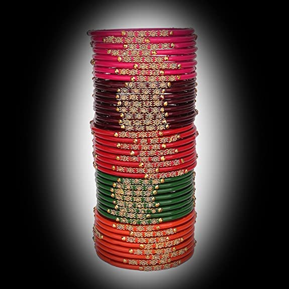 NMII Glass and Studded with Zircon Gemstone or Beads Glossy Finished Bangle set for Women and Girls