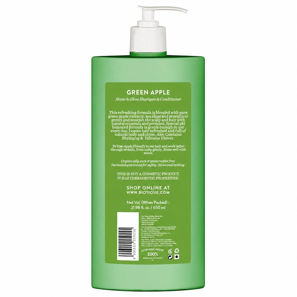 Biotique Green Apple Shine & Gloss Shampoo & Conditioner| Promotes Healthy, Shiny and Glossy Hair | Nourishes Scalp | Makes Hair Soft & Smooth |100% Botanical Extracts| All Skin Types | 650ml