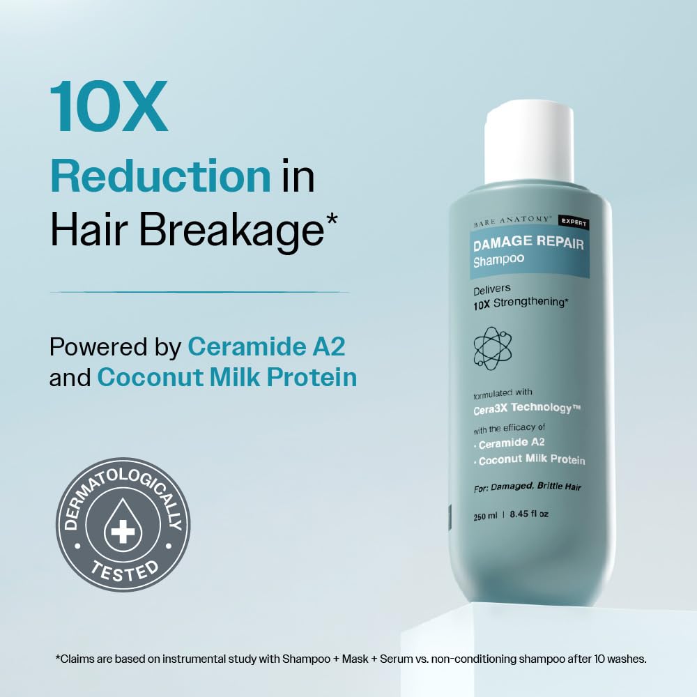 Bare Anatomy Damage Repair Hair Shampoo | Provides 10x Strengthening Powered By Ceramide A2 & Coconut Milk Protein | For Damaged, Dry & Frizzy Hair | Sulphate & Paraben Free | For Women & Men | 250ml