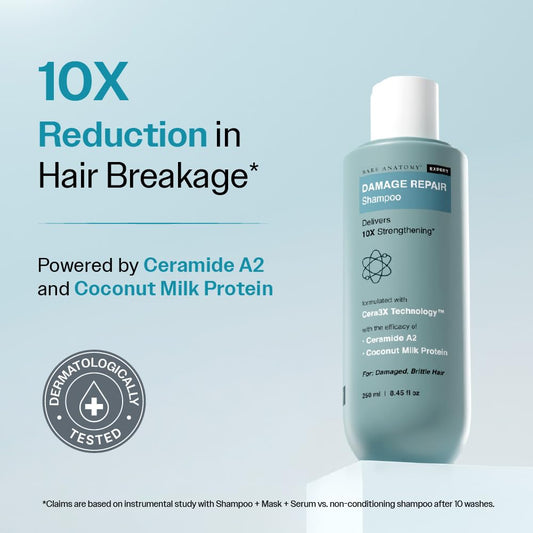 Bare Anatomy Damage Repair Hair Shampoo | Provides 10x Strengthening Powered By Ceramide A2 & Coconut Milk Protein | For Damaged, Dry & Frizzy Hair | Sulphate & Paraben Free | For Women & Men | 250ml