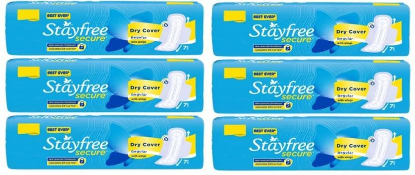 STAYFREE Secure Dry Cover Regular With Wings (7+7+7+7+7+7 Pads) Sanitary Pad (Pack of 42)