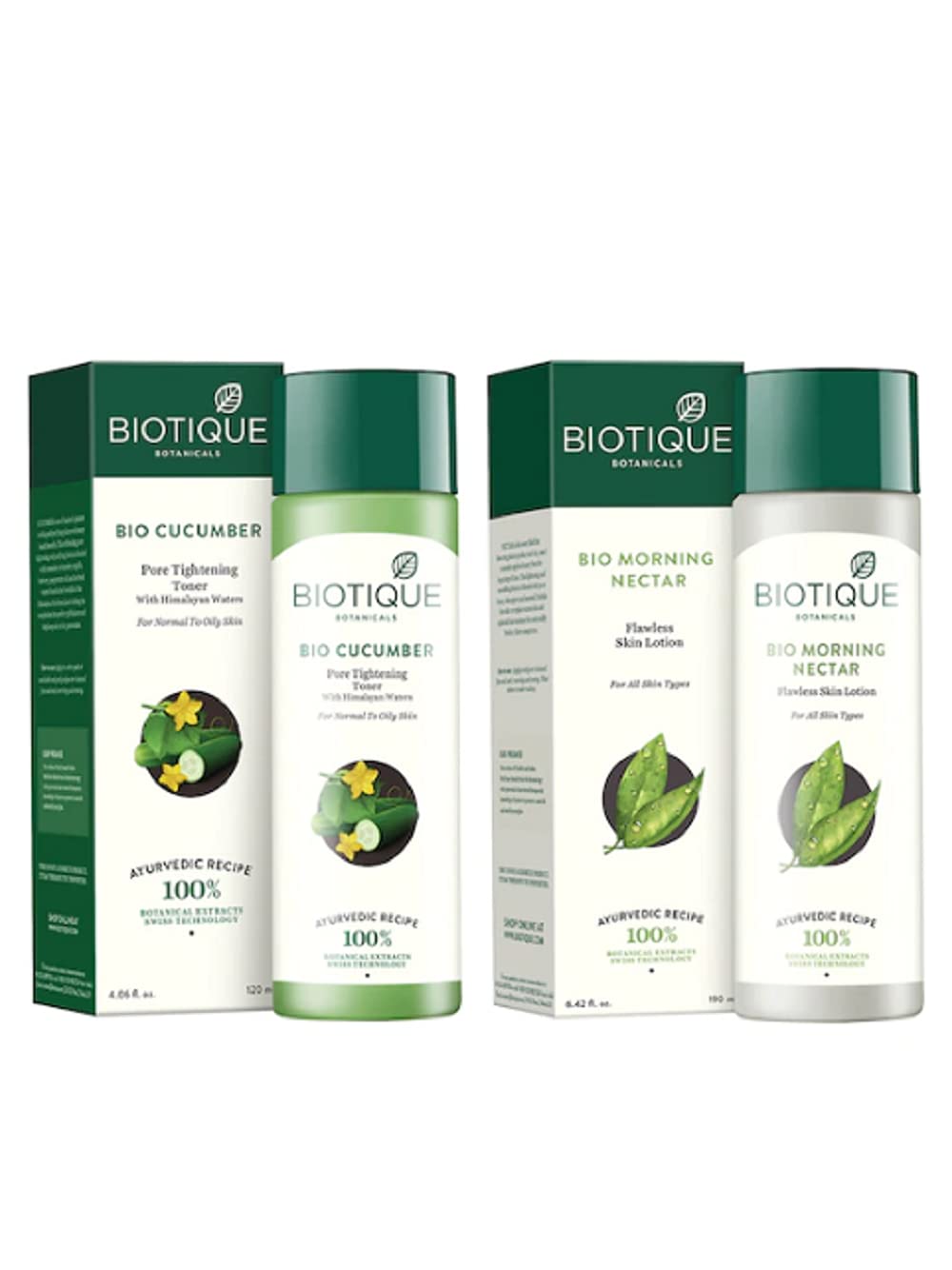 Biotique Bio Cucumber Pore Tightening Toner, 120ml|Bio Morning Nectar Flawless Skin Lotion,120 ml|Set of 2 Items