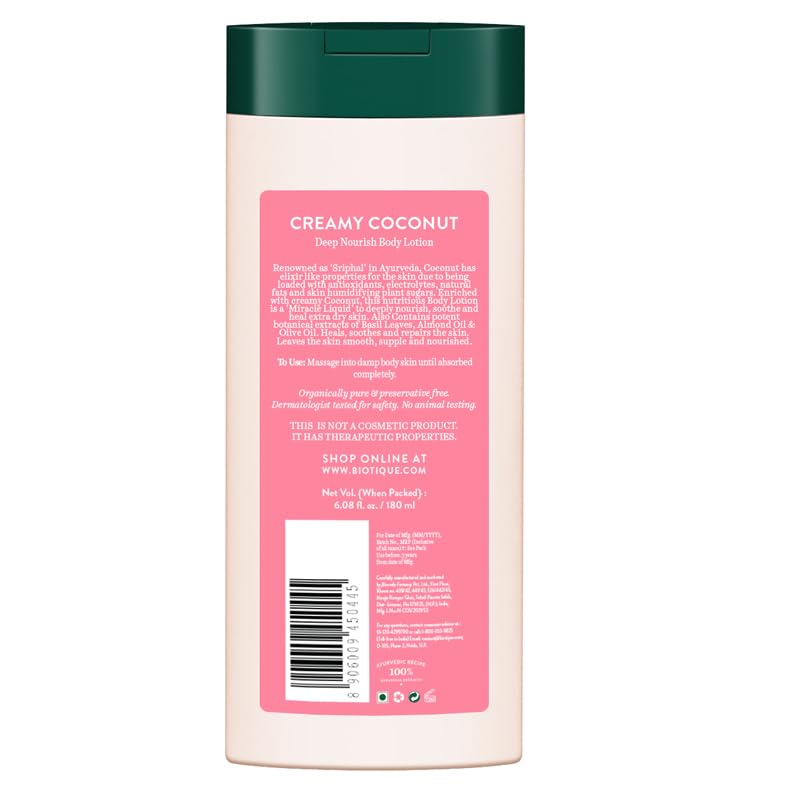 Biotique Creamy Coconut Deep Nourish Body lotion For Extra Dry Skin | Heals, Repairs, and Soothes the Skin | Moisturizing and Skin-Humidifying | 100% Botanical Extracts| All Skin Types | 180ml