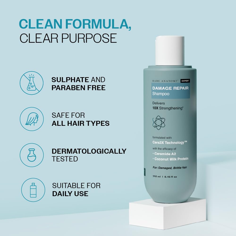 Bare Anatomy Damage Repair Hair Shampoo | Provides 10x Strengthening Powered By Ceramide A2 & Coconut Milk Protein | For Damaged, Dry & Frizzy Hair | Sulphate & Paraben Free | For Women & Men | 250ml