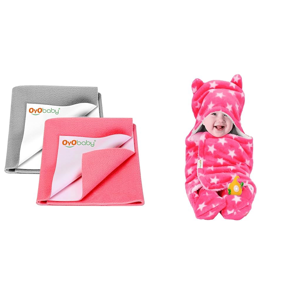 OYO BABY - Waterproof Baby Bed Protector Dry Sheets(Grey + Salmon Rose) & OYO BABY 3-in-1 Fleece Hooded Baby Blanket Wrapper -Pack of 1 (Baby Pink Star Printed)