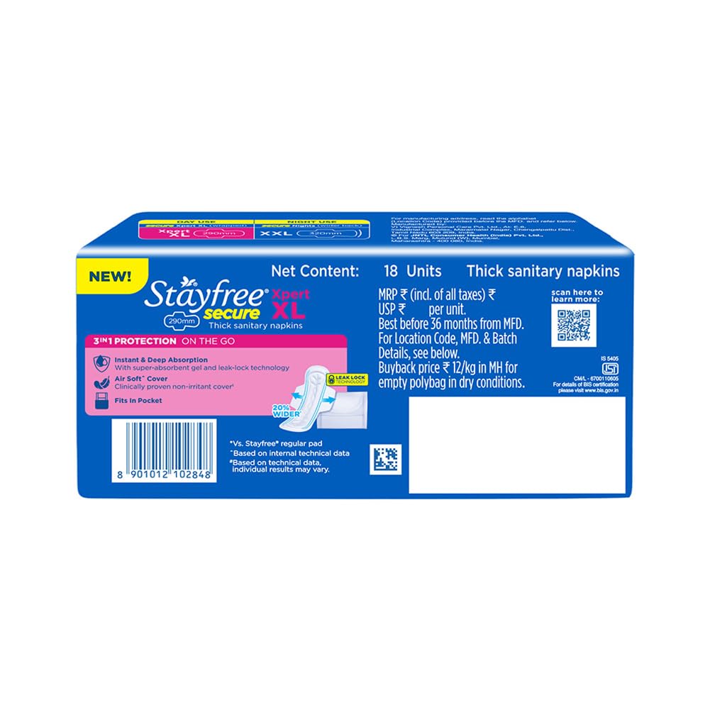 Stayfree Secure Xpert XL Sanitary Pads for Women | 290 mm | 18 Pads | Longer & Wider Pads for Heavy Flow | Air Soft Cover | Helps Prevent Skin Irritation | Fits in Pocket | Gel Lock Pockets for Instant & Deep Absorption | Dermatologically Tested