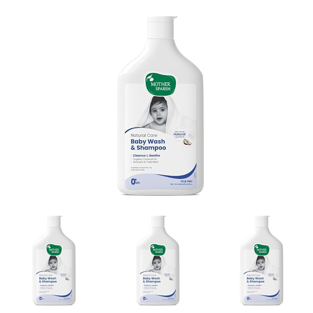 Mother Sparsh Natural Care Baby Wash & Shampoo-400ml | Baby Head to Toe Wash | Tear Free Formula With Organic Coconut Oil, Calendula & Avocado | Suitable for Newborn Sensitive Skin (Pack of 4)