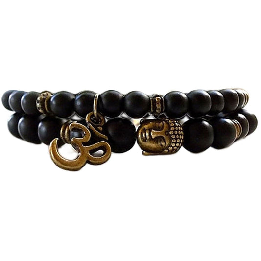 Shining Diva Fashion D'vine Set of 2 Yoga & Meditation Om Charm Buddha Reiki Beads Stylish Bracelet for Men Women(Black)(9377b)