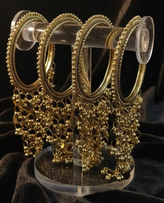 NMII Gold Plated Ghungroo Charm Kada Set for Women & Girls | Antique Traditional Coin & Bead Hanging Kangan | Ethnic Bridal Wedding Jewelry | Festive Parties | Trending Bangles For Gift – Set Of 4