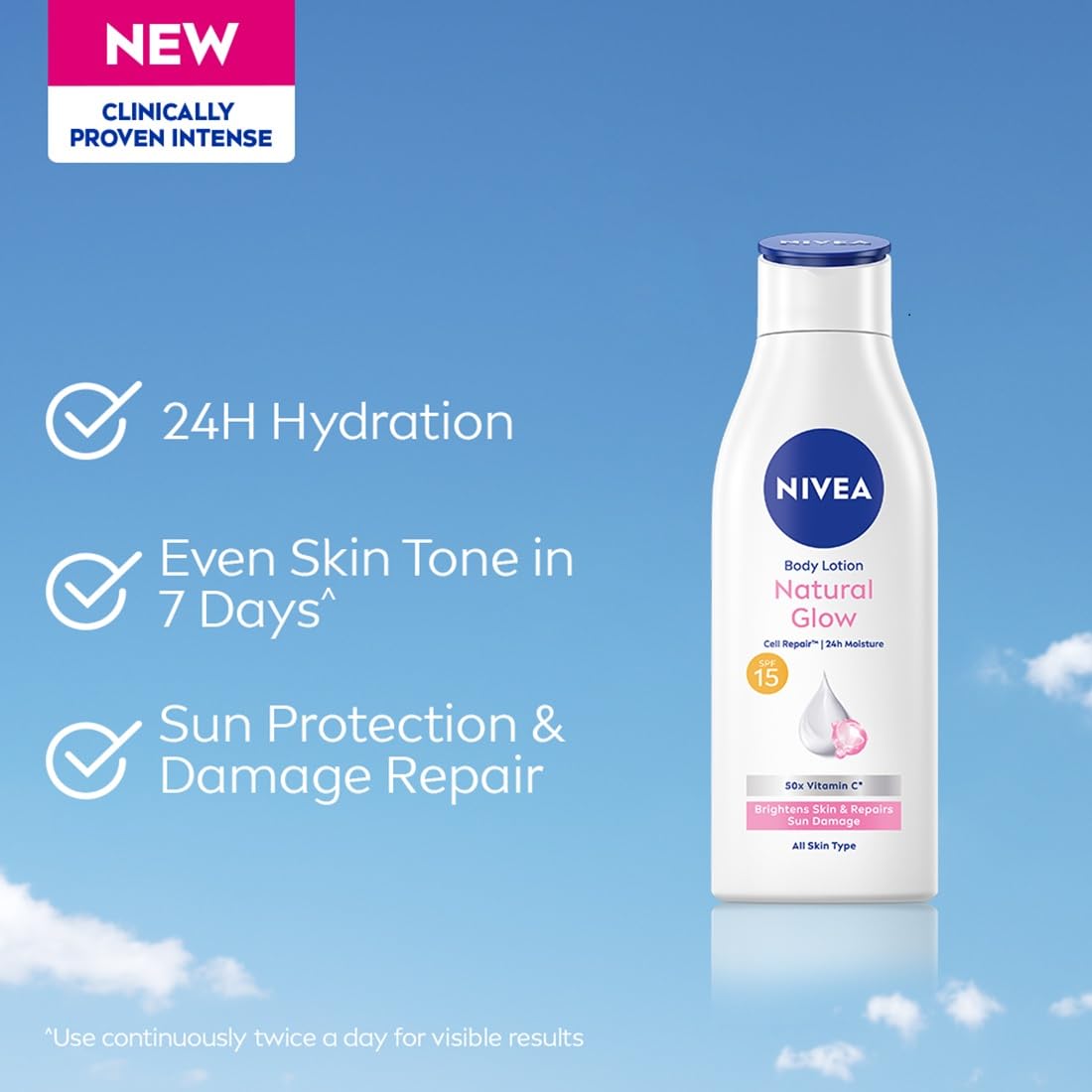 NIVEA Natural Glow Cell Repair 200ml Body Lotion | SPF 15 & 50 X Vitamin C for Summer Protection |With Camu Camu & Acerola Cherry Extracts | Gives Even Toned & Smooth Skin |For All Skin Types (Packaging might vary)