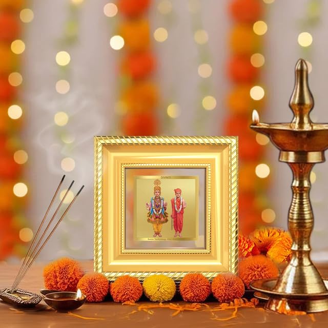 DIVINITI Swaminarayan 24K Gold Plated Foil Tabletop Photo Frame for Home Décor, Puja Room, Luxury Gifting | DG Frame 015 S1A (10x10 CM)