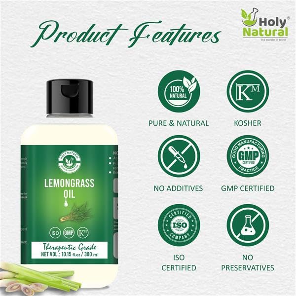 Holy Natural Lemongrass Oil for Hair Fall, Moisturising Skin, Face | Therapeutic Grade, Steam Distilled, Home Diffuser | 300ml