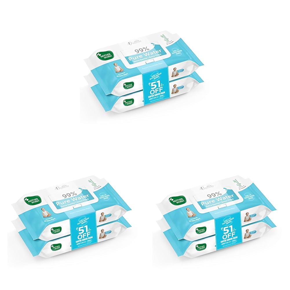 Mother Sparsh 99% Pure Water Baby Wipes (40X2) Super Saver Travel Friendly Combo Pack | Wipes Made with Plant Based Fabric (Pack of 3)