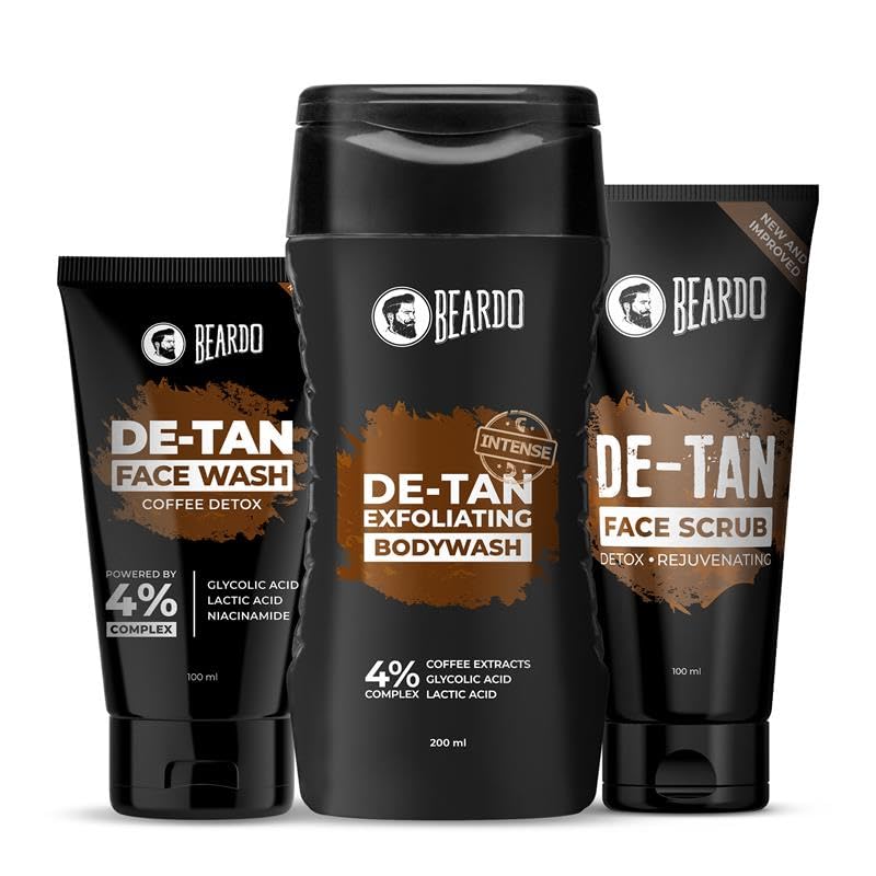 Beardo DeTan Har Roz Kit for Men | Face Wash with 4% Glycolic Acid, Lactic Acid & Niacinamide | Exfoliating Body Wash with Beads, Glycolic & Lactic Acid | DeTan Face Scrub | Tan Removal Kit for Men