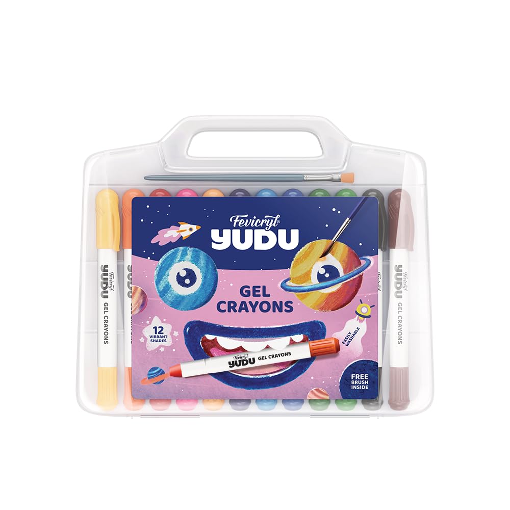 Fevicryl Yudu Gel Crayons | 12 Colours with 1 Brush | Smooth & Mess-Free Creative Art | Twistable, Washable & Water Soluble for Kids & Adults | Ideal Gift for Kids