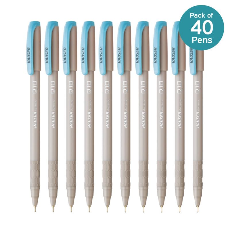 Hauser Q10 Ball Pen Pack | Trendy Durable Plastic Clip | Comfortable Rubber Grip For Smudge Free Writing | Attractive Solid Grey Body | Low-Viscosity Ink | Blue Ink, Set Of 10 x 4 Pack