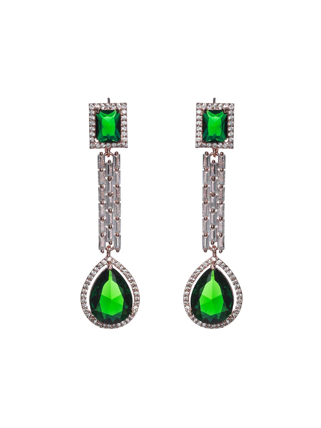 Priyaasi Green AD Studded Rose Gold Plated Drop Earrings
