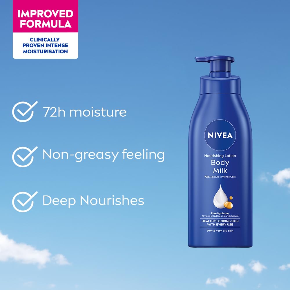 NIVEA Nourishing Body Milk 600ml Body Lotion with Hyaluronic Acid | 72Hr Hydration | Deep Moisture Care for Very Dry Skin | Enriched with Almond Oil | Smooth, Radiant & Healthy Looking Skin Care