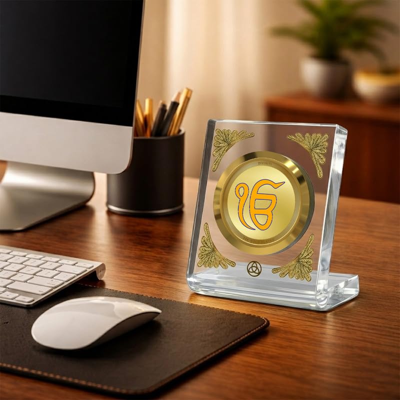 DIVINITI 24K Gold Plated Ik Omkar Acrylic Frame for Car Dashboard, Home Temple & Office Table | Premium Spiritual Gift, Blessings for Protection & Positivity, 8x7 cm Decorative Showpiece