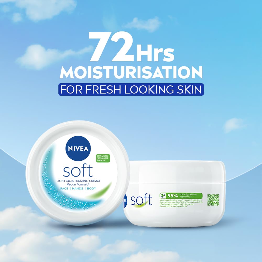 NIVEA Soft Moisturizing Cream, Lightweight Non-Sticky Daily Moisturizer with 72Hr Hydration, Vitamin E & Jojoba Oil | Hydrating Face, Body & Hand Cream for Dry to Normal Skin | Soft Glowing Skin - 200ml