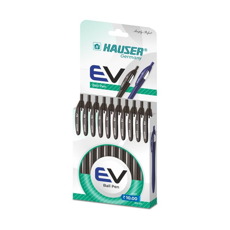 Hauser Germany Ev Retractable Ball Pen Wallet Pack | Minimalistic Stylish Body With Pocketable Clip | Black Ink, Pack Of 10