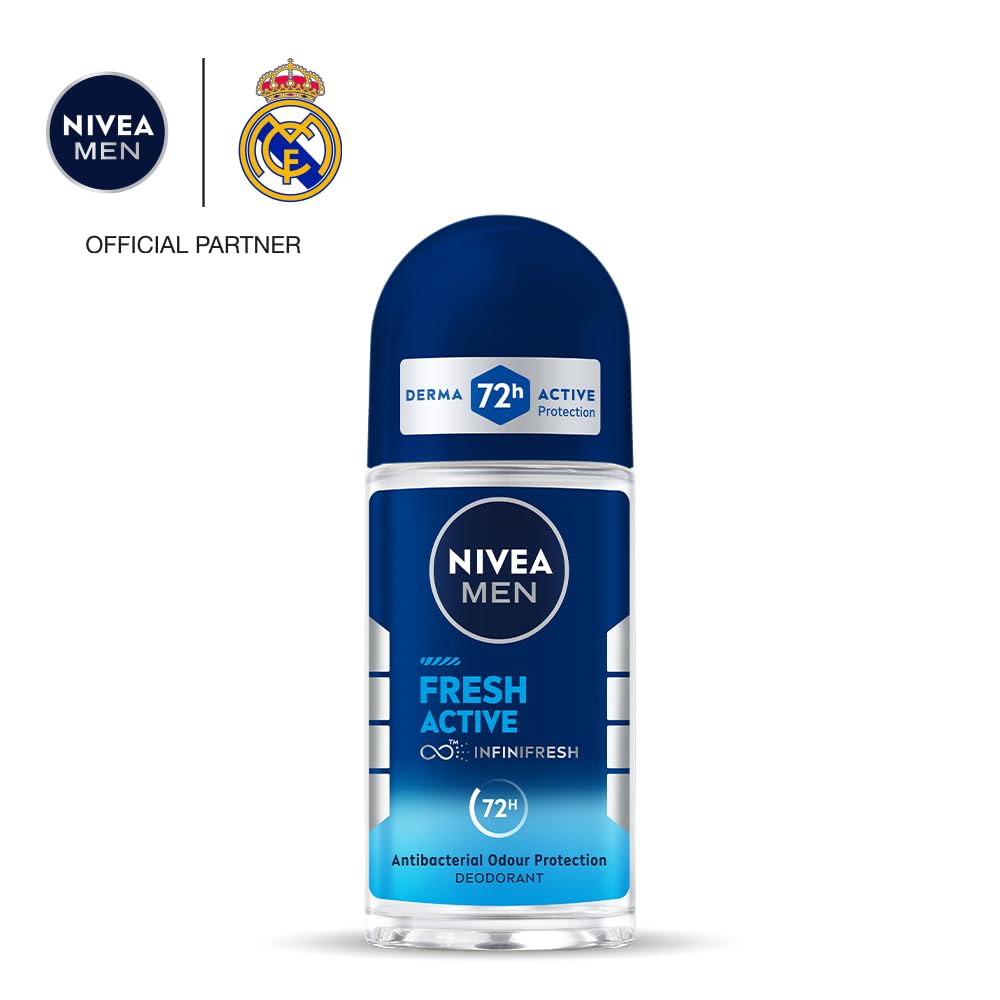 NIVEA MEN Fresh Active 50ml Deo Underarm Roll On | With Fresh Ocean Extracts Scent| 72 H Freshness| 0% Alcohol | Dermatologically Approved & Paraben Free Formula