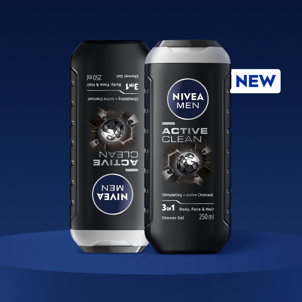 NIVEA Men Body Wash, Active Clean with Active Charcoal, Shower Gel for Body, Face & Hair, 250 ml