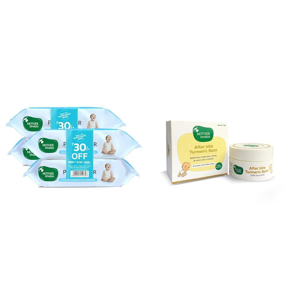 Mother Sparsh 99% Pure Water Baby Wipes, 72x4 pcs with Afterbite Turmeric Balm for Babies 25g