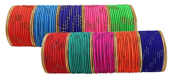NMII Non-Precious Metal Base Metal and Drop with Zari worked and Curved Shaped Glossy Finished Bangle Set For Women and Girls
