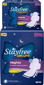 STAYFREE Secure Nights sanitary pads for women, cottony cover with 100% leakage protection, 2x coverage for worry free sleep, 2 PC (Pack of 46 Pads)
