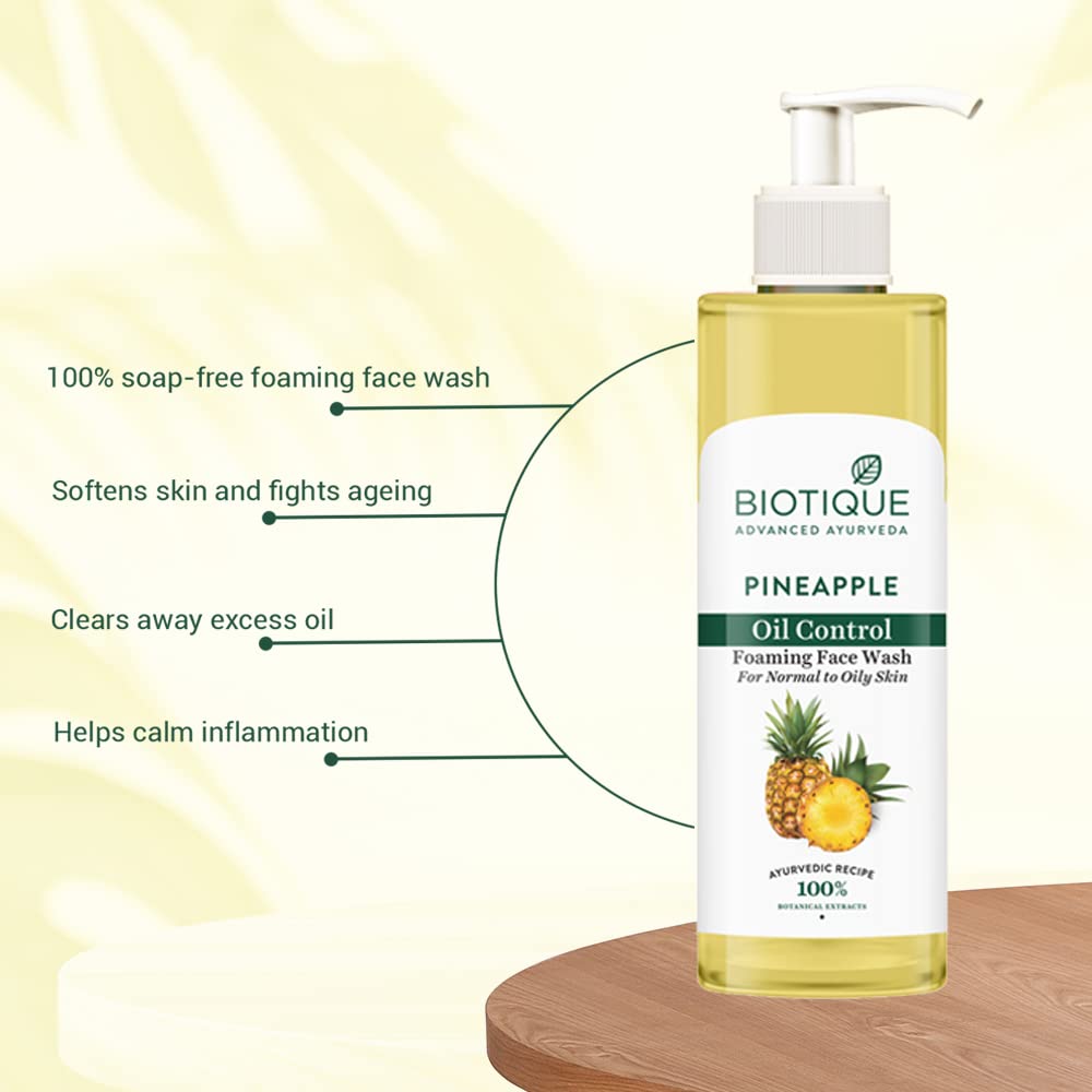 Biotique Pineapple Oil Control Foaming Face Wash | Hydrates dry skin | Eliminates Excess Oil | Evens Skin Tone | 100% Botanical Extracts | Suitable for All Skin Types | 200ml