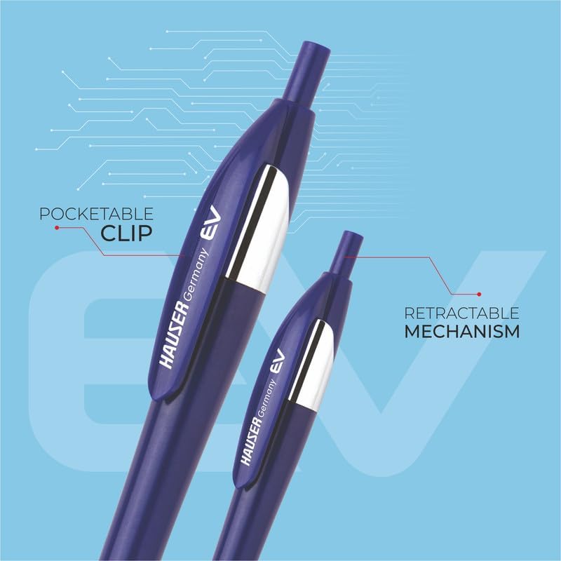 Hauser Germany Ev Retractable Ball Pen Wallet Pack | Minimalistic Stylish Body With Pocketable Clip | Blue Ink, Pack Of 10