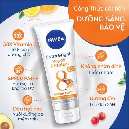Nivea Extra White Repair and Protect Body Serum SPF50 PA Brightening Body Lotion 180ml Vitamin C Skin Whitening Sun Protection Moisturizer for Smooth Radiant Skin