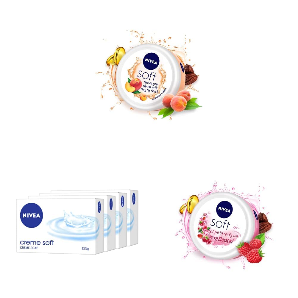 Nivea Soft Light Moisturizer Cream, Playful Peach, with Vitamin E & Jojoba Oil for Face, Hands and Body 200 ml&NIVEA Soap, Creme Soft&NIVEA Soft Berry Blossom, 200 ml