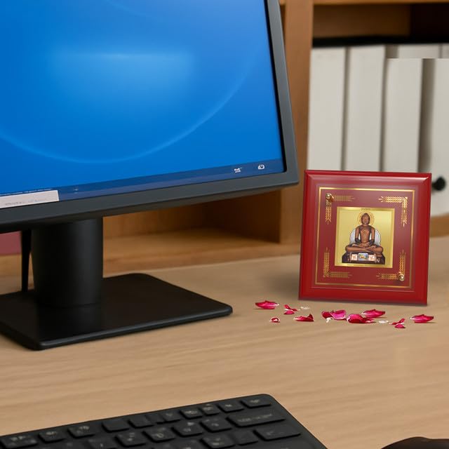 DIVINITI Intima Pure 24K Gold Plated Lord Mahavira Jain Sacred Frame – Luxury Home, Office & Prayer Décor | Premium Gold Foil Artwork in MDF Frame | Table Top Display (16 X 13.5 CM)