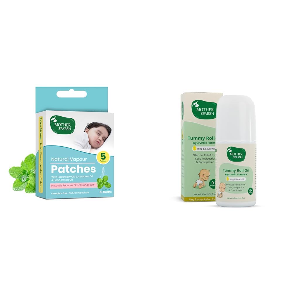 Mother Sparsh Baby Comfort Bundle - Natural Vapour Patches with Eucalyptus & Peppermint Oil for Cold & Congestion Relief (Pack of 5) + Ayurvedic Tummy Roll On for Colic & Indigestion, 40ml