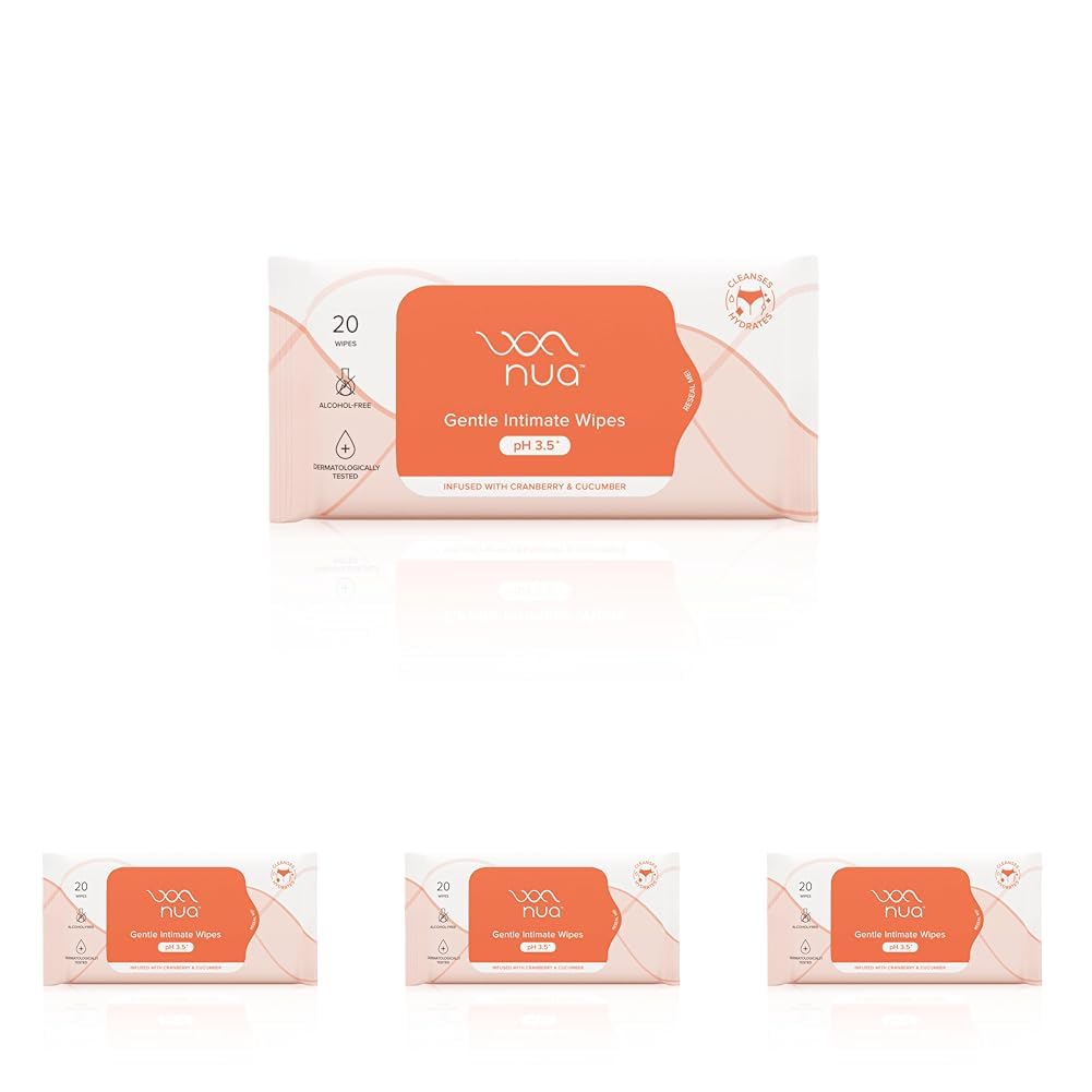 Nua Gentle Intimate Wipes | Infused with Cranberry, Cucumber and Aloe | Alcohol and Artificial-Fragrance Free | 100% Biodegradable (Pack of 4)