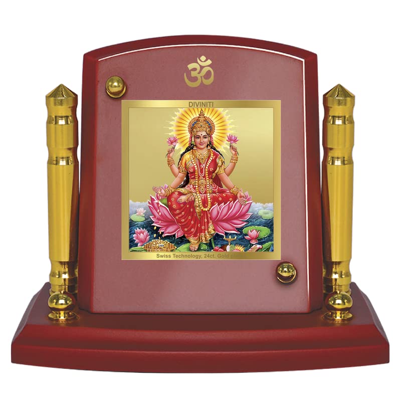DIVINITI 24K Gold Plated Religious Car Dashboard Frame | Premium God Idol Frame for Car, Home Mandir & Office Table | Spiritual Gift, Decorative Showpiece | Lakshmi Ji