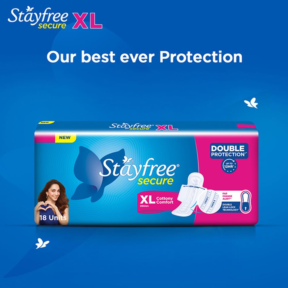 Stayfree Secure XL Sanitary Pads – 36 Pads (Pack of 2 × 18) | Cottony Soft Cover | Leak‑Lock Technology | Odour Control | Up to 12‑Hour Protection